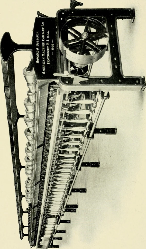 An illustration from Illustrated catalogue of cotton machinery built by Howard & Bullough American Machine Company, Ltd., Pawtucket, R.I., U.S.A. : opening, picking, carding, drawing, roving, spinning, twisting and winding machinery : warpers and slashers : containing also floor spaces, speeds, productions, gearing diagrams, useful tables and other information, 1909, leaf 227