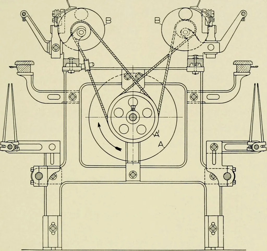 An illustration from Illustrated catalogue of cotton machinery built by Howard & Bullough American Machine Company, Ltd., Pawtucket, R.I., U.S.A. : opening, picking, carding, drawing, roving, spinning, twisting and winding machinery : warpers and slashers : containing also floor spaces, speeds, productions, gearing diagrams, useful tables and other information, 1909, leaf 230