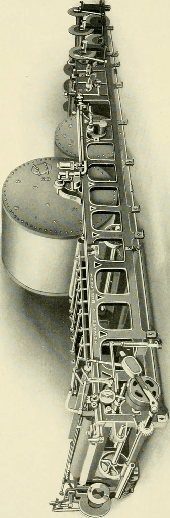 An illustration from Illustrated catalogue of cotton machinery built by Howard & Bullough American Machine Company, Ltd., Pawtucket, R.I., U.S.A. : opening, picking, carding, drawing, roving, spinning, twisting and winding machinery : warpers and slashers : containing also floor spaces, speeds, productions, gearing diagrams, useful tables and other information, 1909, leaf 233
