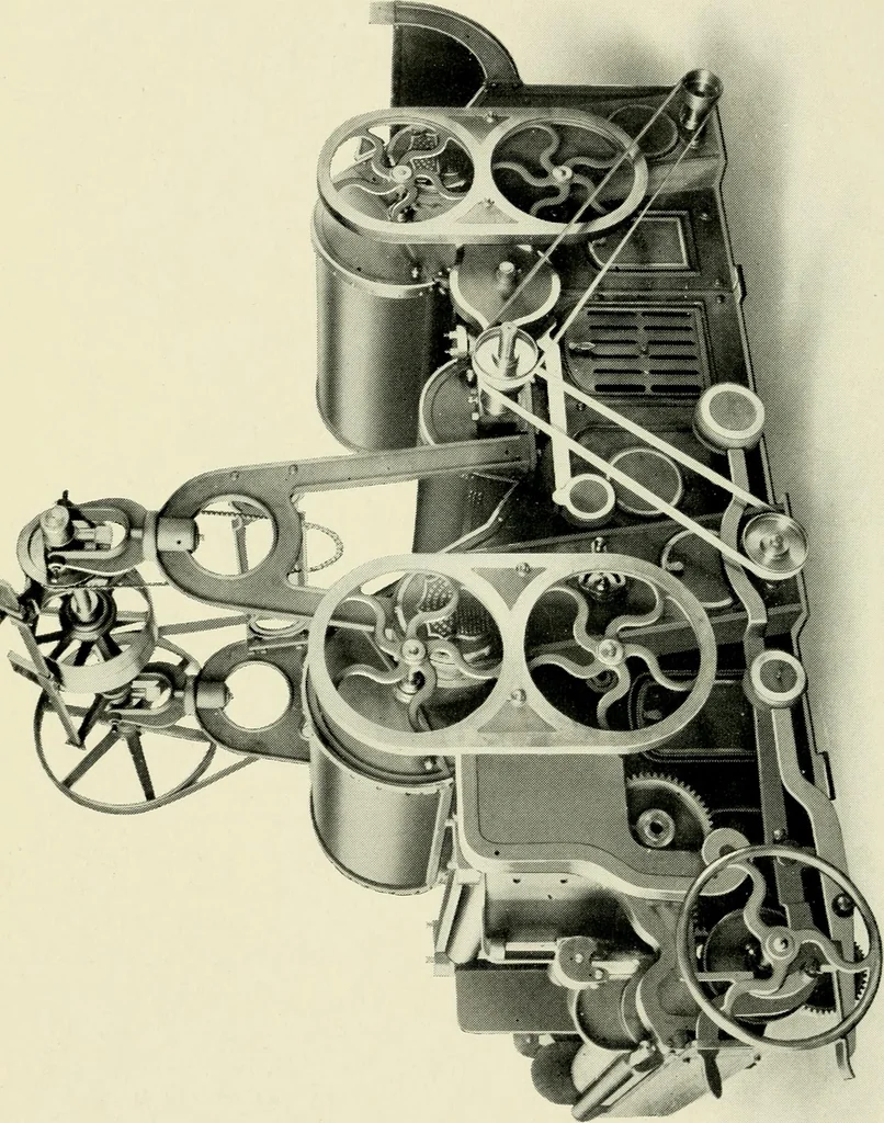 An illustration from Illustrated catalogue of cotton machinery built by Howard & Bullough American Machine Company, Ltd., Pawtucket, R.I., U.S.A. : opening, picking, carding, drawing, roving, spinning, twisting and winding machinery : warpers and slashers : containing also floor spaces, speeds, productions, gearing diagrams, useful tables and other information, 1909, leaf 33