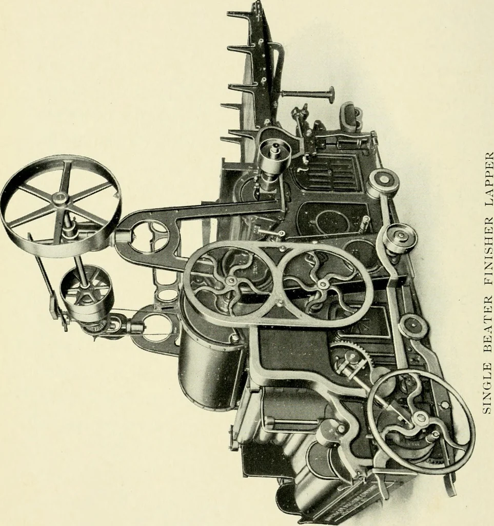 An illustration from Illustrated catalogue of cotton machinery built by Howard & Bullough American Machine Company, Ltd., Pawtucket, R.I., U.S.A. : opening, picking, carding, drawing, roving, spinning, twisting and winding machinery : warpers and slashers : containing also floor spaces, speeds, productions, gearing diagrams, useful tables and other information, 1909, leaf 37