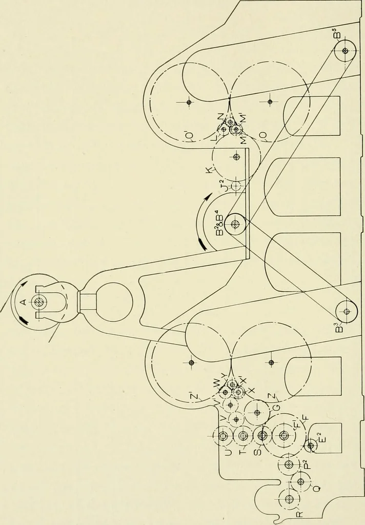 An illustration from Illustrated catalogue of cotton machinery built by Howard & Bullough American Machine Company, Ltd., Pawtucket, R.I., U.S.A. : opening, picking, carding, drawing, roving, spinning, twisting and winding machinery : warpers and slashers : containing also floor spaces, speeds, productions, gearing diagrams, useful tables and other information, 1909, leaf 43