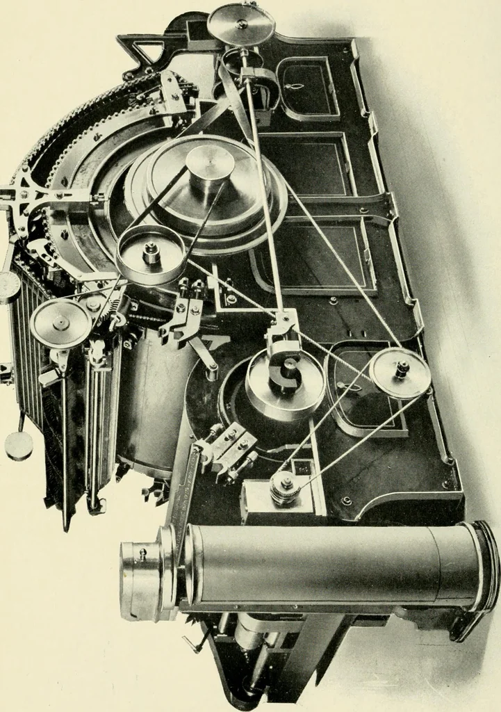 An illustration from Illustrated catalogue of cotton machinery built by Howard & Bullough American Machine Company, Ltd., Pawtucket, R.I., U.S.A. : opening, picking, carding, drawing, roving, spinning, twisting and winding machinery : warpers and slashers : containing also floor spaces, speeds, productions, gearing diagrams, useful tables and other information, 1909, leaf 65