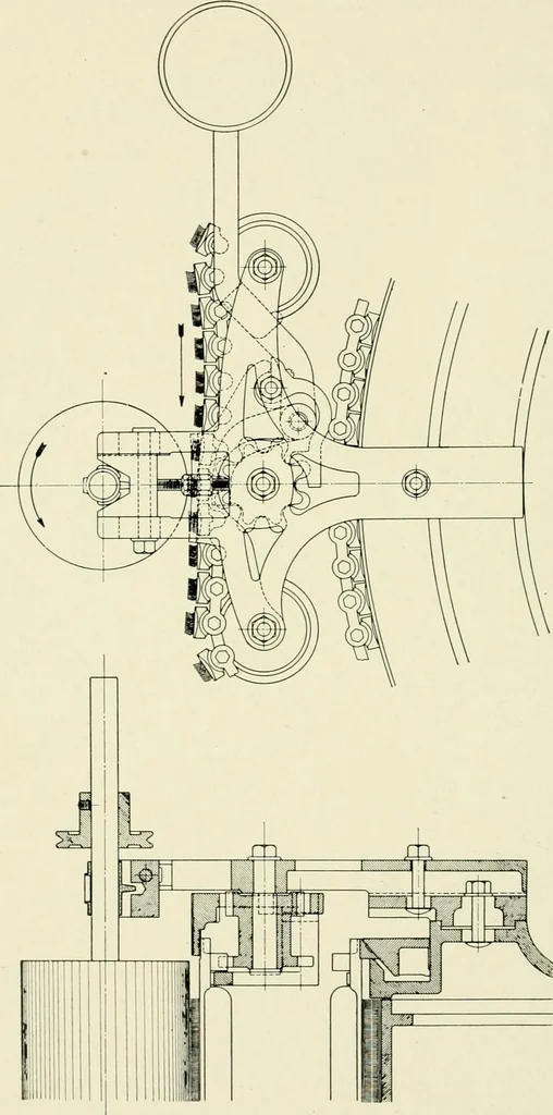 An illustration from Illustrated catalogue of cotton machinery built by Howard & Bullough American Machine Company, Ltd., Pawtucket, R.I., U.S.A. : opening, picking, carding, drawing, roving, spinning, twisting and winding machinery : warpers and slashers : containing also floor spaces, speeds, productions, gearing diagrams, useful tables and other information, 1909, leaf 67