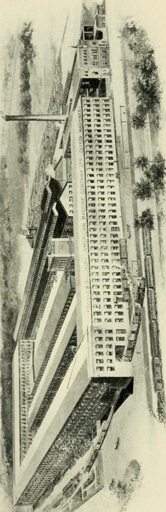 An illustration from Illustrated catalogue of cotton machinery built by Howard & Bullough American Machine Company, Ltd., Pawtucket, R.I., U.S.A. : opening, picking, carding, drawing, roving, spinning, twisting and winding machinery : warpers and slashers : containing also floor spaces, speeds, productions, gearing diagrams, useful tables and other information, 1909, leaf 7