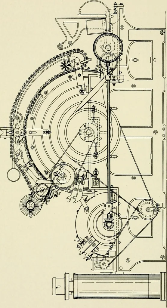 An illustration from Illustrated catalogue of cotton machinery built by Howard & Bullough American Machine Company, Ltd., Pawtucket, R.I., U.S.A. : opening, picking, carding, drawing, roving, spinning, twisting and winding machinery : warpers and slashers : containing also floor spaces, speeds, productions, gearing diagrams, useful tables and other information, 1909, leaf 75
