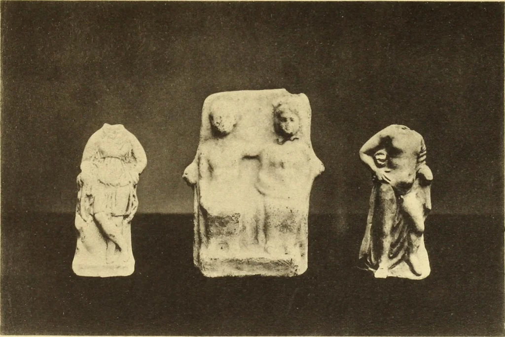 An illustration from Illustrated catalogue of classical antiquities from the site of the temple of Diana, Nemi, Italy. Discovered during excavations undertaken by the Right Hon. Lord Savile ... and given by him to the Art museum of Nottingham: with an account by Lord Savile of the discovery of the temple and the objects foundthere, 1893, leaf 56