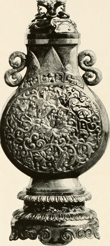 An illustration from Illustrated catalogue of the remarkable collection of ancient Chinese bronzes, beautiful old porcelains, amber and stone carvings, sumptuous eighteenth century brocades, interesting old paintings on glas and fine old carpets, rugs and furniture, from ancient palaces and temples of China comprising the private collection of a Chinese nobleman of Tien-Tsin, 1914, leaf 57