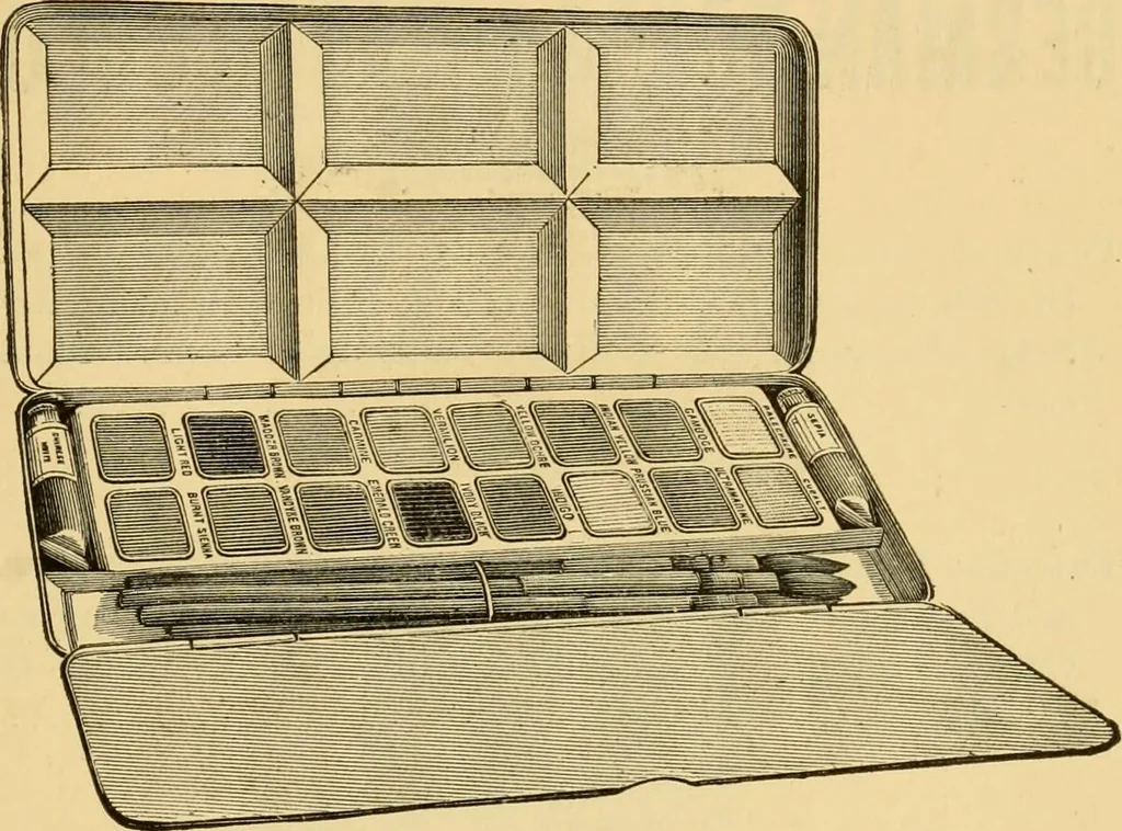 An illustration from Illustrated catalogue and price list of artists' materials, gold paint, bronze powders, metallics, metal leaf, &c. : colors and materials for china and glass painting ; colors and materials for oil, water color & pastel painting and drawing, &c., 1894, leaf 100