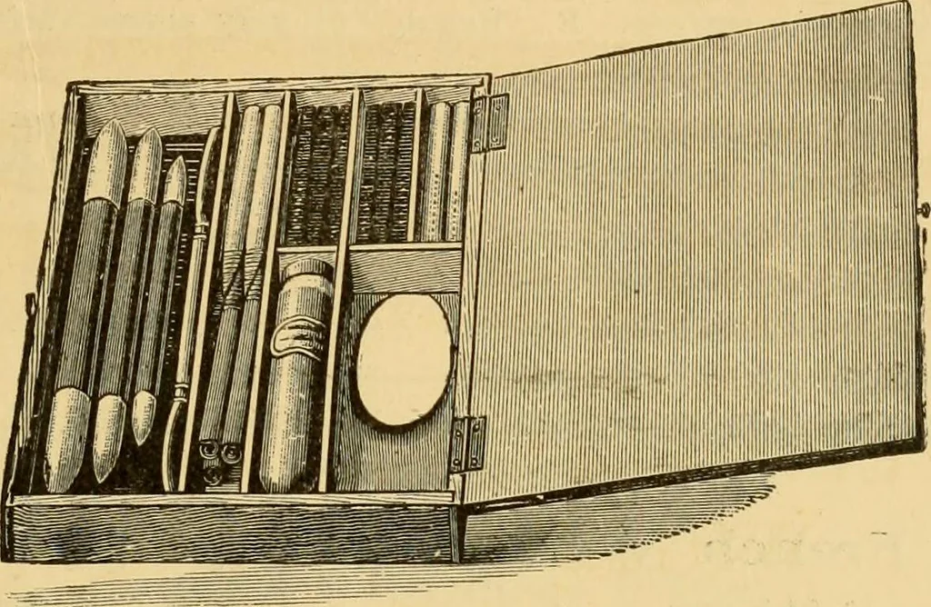 An illustration from Illustrated catalogue and price list of artists' materials, gold paint, bronze powders, metallics, metal leaf, &c. : colors and materials for china and glass painting ; colors and materials for oil, water color & pastel painting and drawing, &c., 1894, leaf 114
