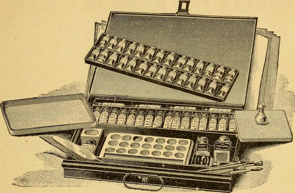 An illustration from Illustrated catalogue and price list of artists' materials, gold paint, bronze powders, metallics, metal leaf, &c. : colors and materials for china and glass painting ; colors and materials for oil, water color & pastel painting and drawing, &c., 1894, leaf 42