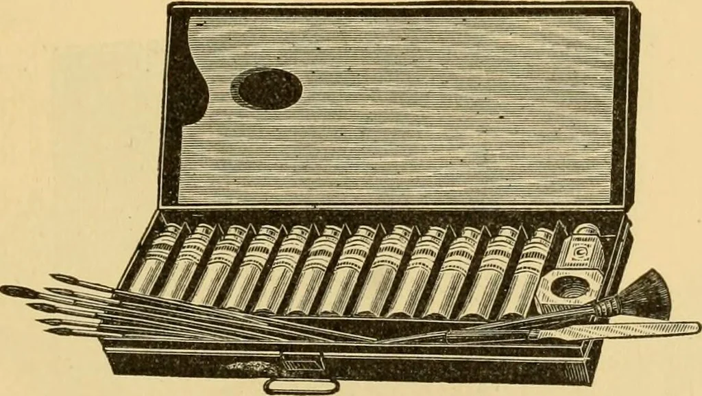 An illustration from Illustrated catalogue and price list of artists' materials, gold paint, bronze powders, metallics, metal leaf, &c. : colors and materials for china and glass painting ; colors and materials for oil, water color & pastel painting and drawing, &c., 1894, leaf 74