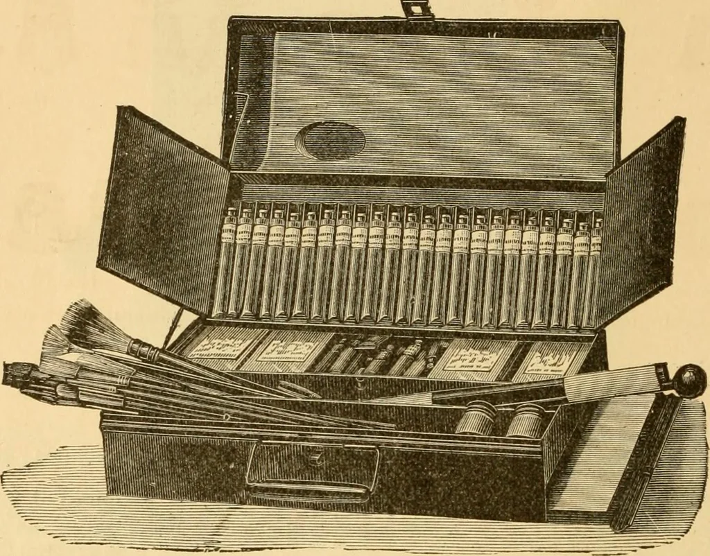 An illustration from Illustrated catalogue and price list of artists' materials, gold paint, bronze powders, metallics, metal leaf, &c. : colors and materials for china and glass painting ; colors and materials for oil, water color & pastel painting and drawing, &c., 1894, leaf 77