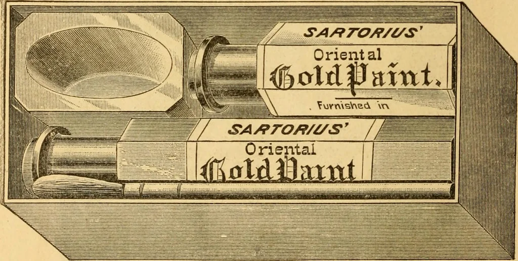 An illustration from Illustrated catalogue and price list of artists' materials, gold paint, bronze powders, metallics, metal leaf, &c. : colors and materials for china and glass painting ; colors and materials for oil, water color & pastel painting and drawing, &c., 1894, leaf 9