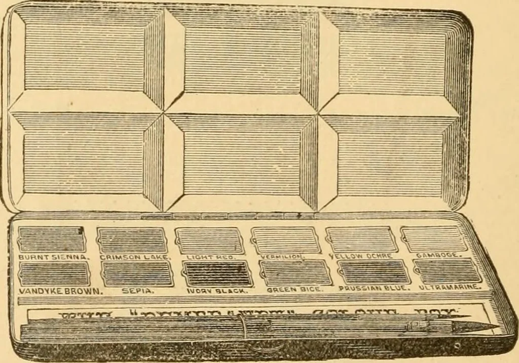 An illustration from Illustrated catalogue and price list of artists' materials, gold paint, bronze powders, metallics, metal leaf, &c. : colors and materials for china and glass painting ; colors and materials for oil, water color & pastel painting and drawing, &c., 1894, leaf 99