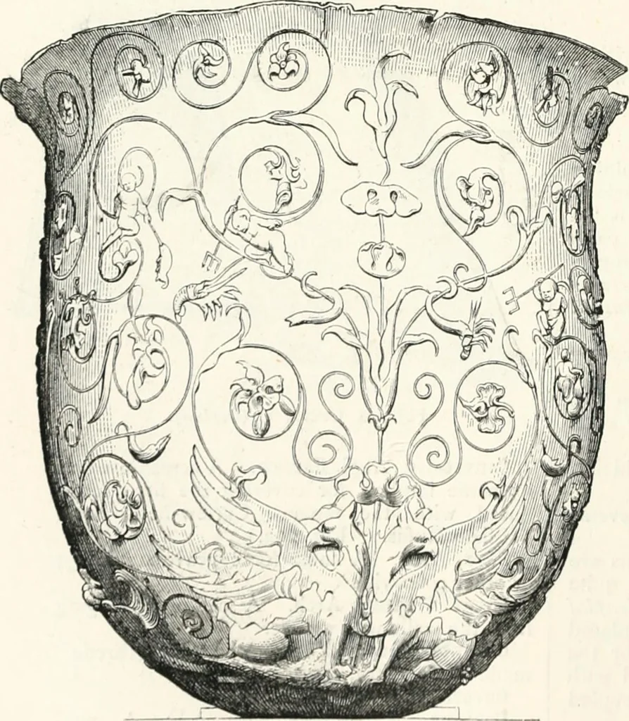 An illustration from An illustrated dictionary of words used in art and archaeology. Explaining terms frequently used in works on architecture, arms, bronzes, Christian art, colour, costume, decoration, devices, emblems, heraldry, lace, personal ornaments, pottery, painting, sculpture, &c., with their derivations, 1883, leaf 105