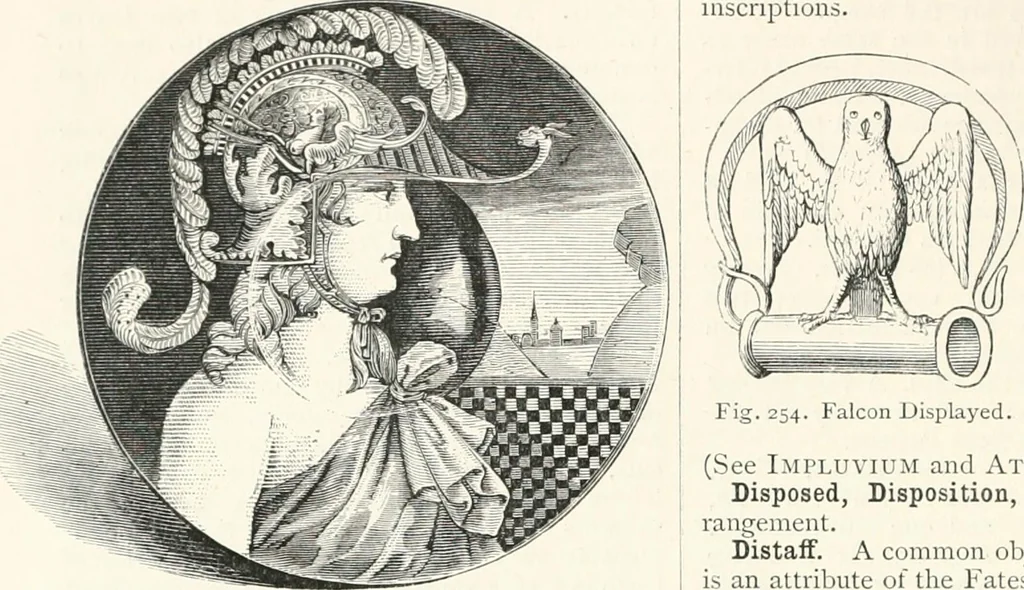 An illustration from An illustrated dictionary of words used in art and archaeology. Explaining terms frequently used in works on architecture, arms, bronzes, Christian art, colour, costume, decoration, devices, emblems, heraldry, lace, personal ornaments, pottery, painting, sculpture, &c., with their derivations, 1883, leaf 123