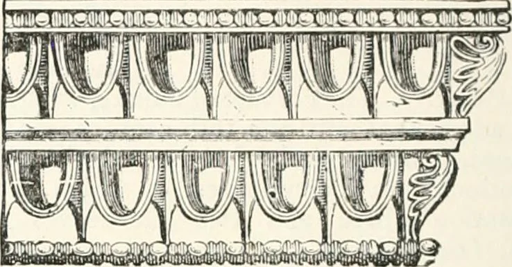 An illustration from An illustrated dictionary of words used in art and archaeology. Explaining terms frequently used in works on architecture, arms, bronzes, Christian art, colour, costume, decoration, devices, emblems, heraldry, lace, personal ornaments, pottery, painting, sculpture, &c., with their derivations, 1883, leaf 131