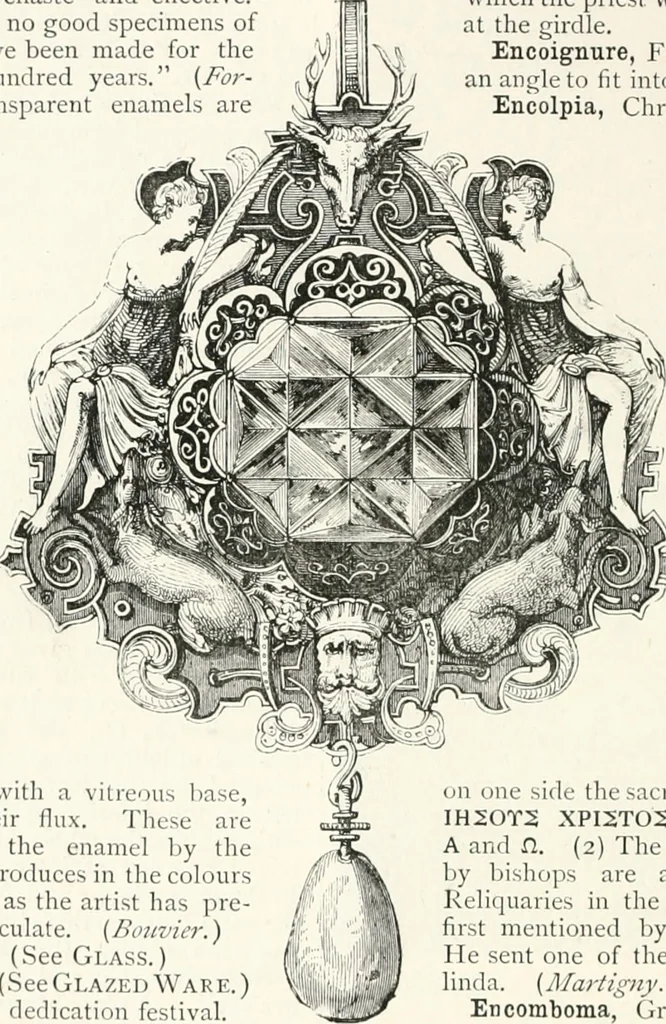 An illustration from An illustrated dictionary of words used in art and archaeology. Explaining terms frequently used in works on architecture, arms, bronzes, Christian art, colour, costume, decoration, devices, emblems, heraldry, lace, personal ornaments, pottery, painting, sculpture, &c., with their derivations, 1883, leaf 137