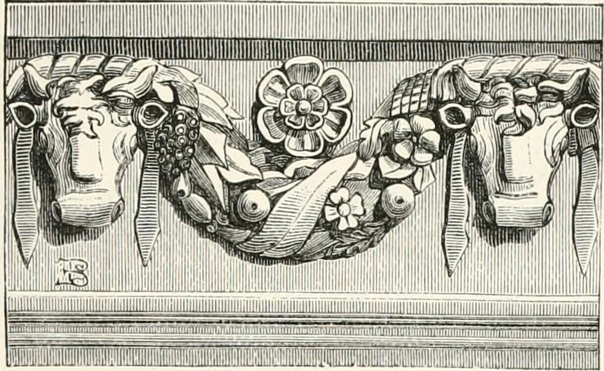 An illustration from An illustrated dictionary of words used in art and archaeology. Explaining terms frequently used in works on architecture, arms, bronzes, Christian art, colour, costume, decoration, devices, emblems, heraldry, lace, personal ornaments, pottery, painting, sculpture, &c., with their derivations, 1883, leaf 138