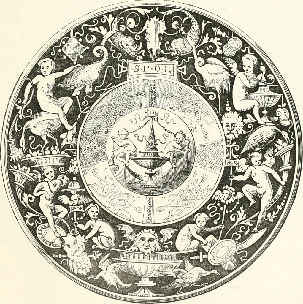 An illustration from An illustrated dictionary of words used in art and archaeology. Explaining terms frequently used in works on architecture, arms, bronzes, Christian art, colour, costume, decoration, devices, emblems, heraldry, lace, personal ornaments, pottery, painting, sculpture, &c., with their derivations, 1883, leaf 144