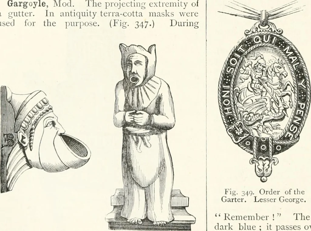 An illustration from An illustrated dictionary of words used in art and archaeology. Explaining terms frequently used in works on architecture, arms, bronzes, Christian art, colour, costume, decoration, devices, emblems, heraldry, lace, personal ornaments, pottery, painting, sculpture, &c., with their derivations, 1883, leaf 163