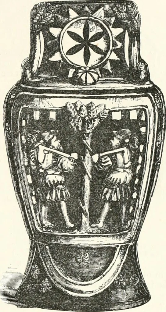 An illustration from An illustrated dictionary of words used in art and archaeology. Explaining terms frequently used in works on architecture, arms, bronzes, Christian art, colour, costume, decoration, devices, emblems, heraldry, lace, personal ornaments, pottery, painting, sculpture, &c., with their derivations, 1883, leaf 168