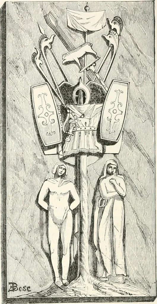 An illustration from An illustrated dictionary of words used in art and archaeology. Explaining terms frequently used in works on architecture, arms, bronzes, Christian art, colour, costume, decoration, devices, emblems, heraldry, lace, personal ornaments, pottery, painting, sculpture, &c., with their derivations, 1883, leaf 245