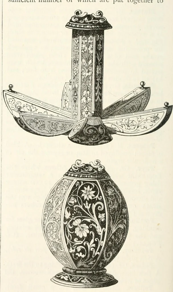 An illustration from An illustrated dictionary of words used in art and archaeology. Explaining terms frequently used in works on architecture, arms, bronzes, Christian art, colour, costume, decoration, devices, emblems, heraldry, lace, personal ornaments, pottery, painting, sculpture, &c., with their derivations, 1883, leaf 271