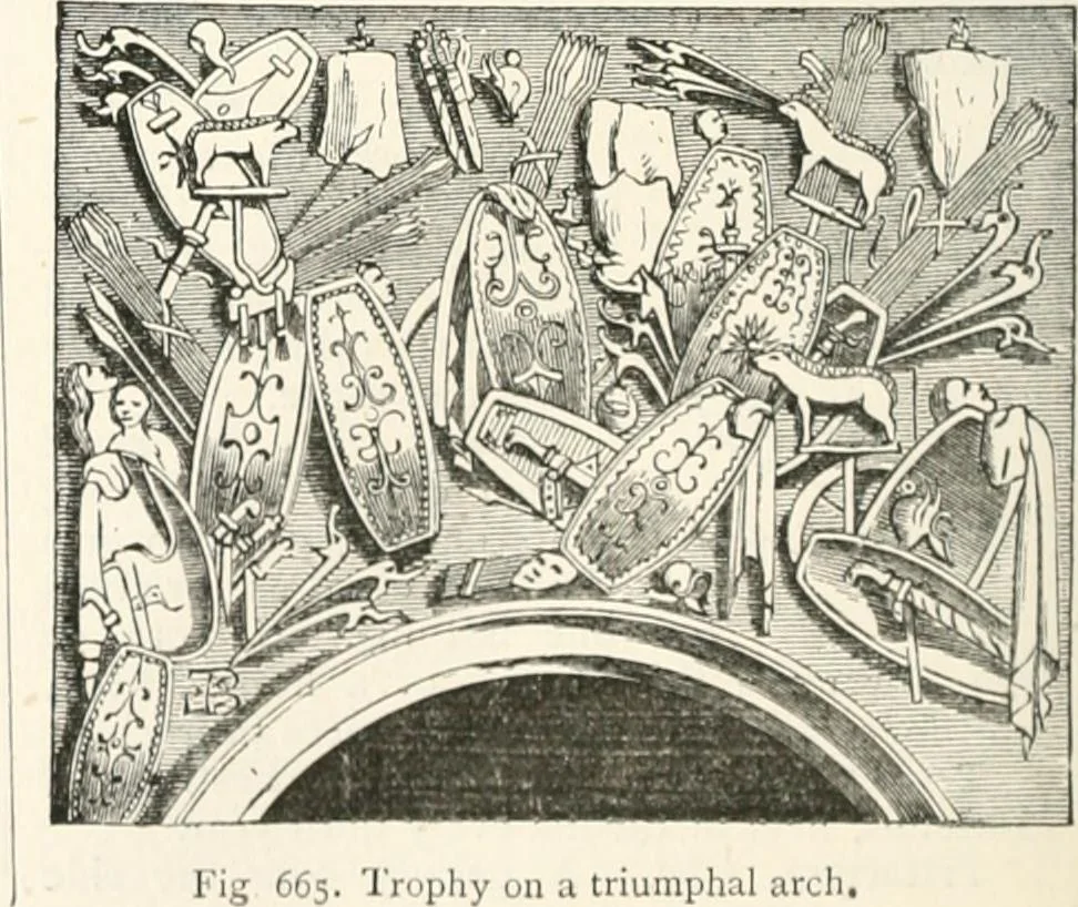 An illustration from An illustrated dictionary of words used in art and archaeology. Explaining terms frequently used in works on architecture, arms, bronzes, Christian art, colour, costume, decoration, devices, emblems, heraldry, lace, personal ornaments, pottery, painting, sculpture, &c., with their derivations, 1883, leaf 337
