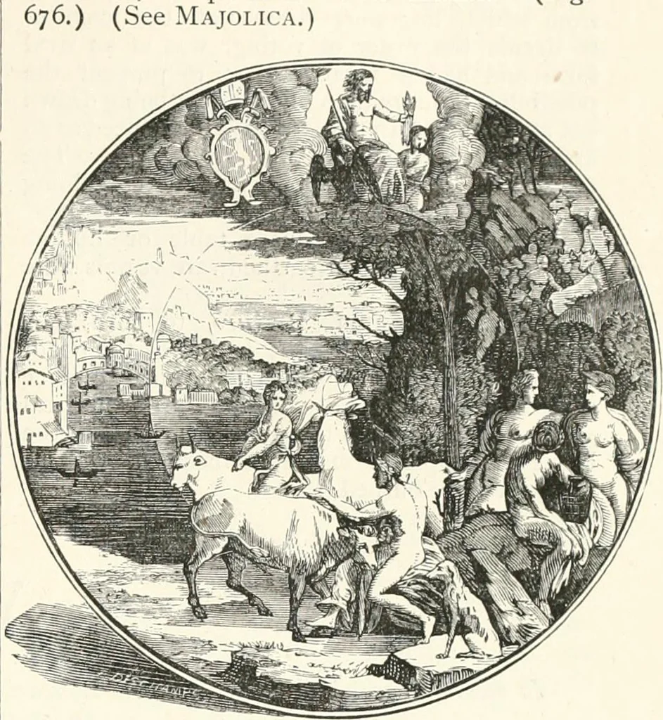 An illustration from An illustrated dictionary of words used in art and archaeology. Explaining terms frequently used in works on architecture, arms, bronzes, Christian art, colour, costume, decoration, devices, emblems, heraldry, lace, personal ornaments, pottery, painting, sculpture, &c., with their derivations, 1883, leaf 342