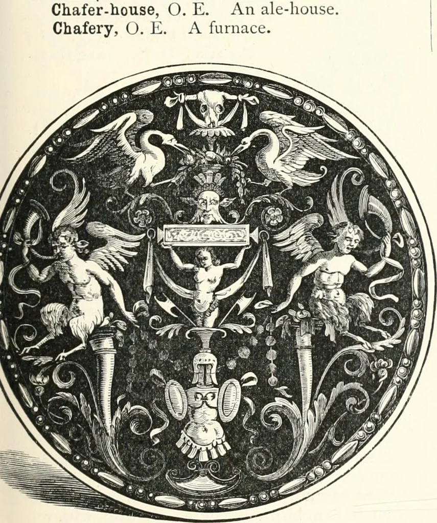 An illustration from An illustrated dictionary of words used in art and archaeology. Explaining terms frequently used in works on architecture, arms, bronzes, Christian art, colour, costume, decoration, devices, emblems, heraldry, lace, personal ornaments, pottery, painting, sculpture, &c., with their derivations, 1883, leaf 76