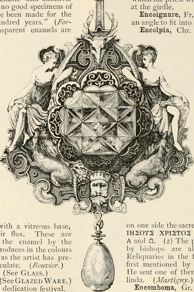 An illustration from An illustrated dictionary of words used in art and archaeology. Explaining terms frequently used in works on architecture, arms, bronzes, Christian art, colour, costume, decoration, devices, emblems, heraldry, lace, personal ornaments, pottery, painting, sculpture, &c, with their derivations, 1883, leaf 143