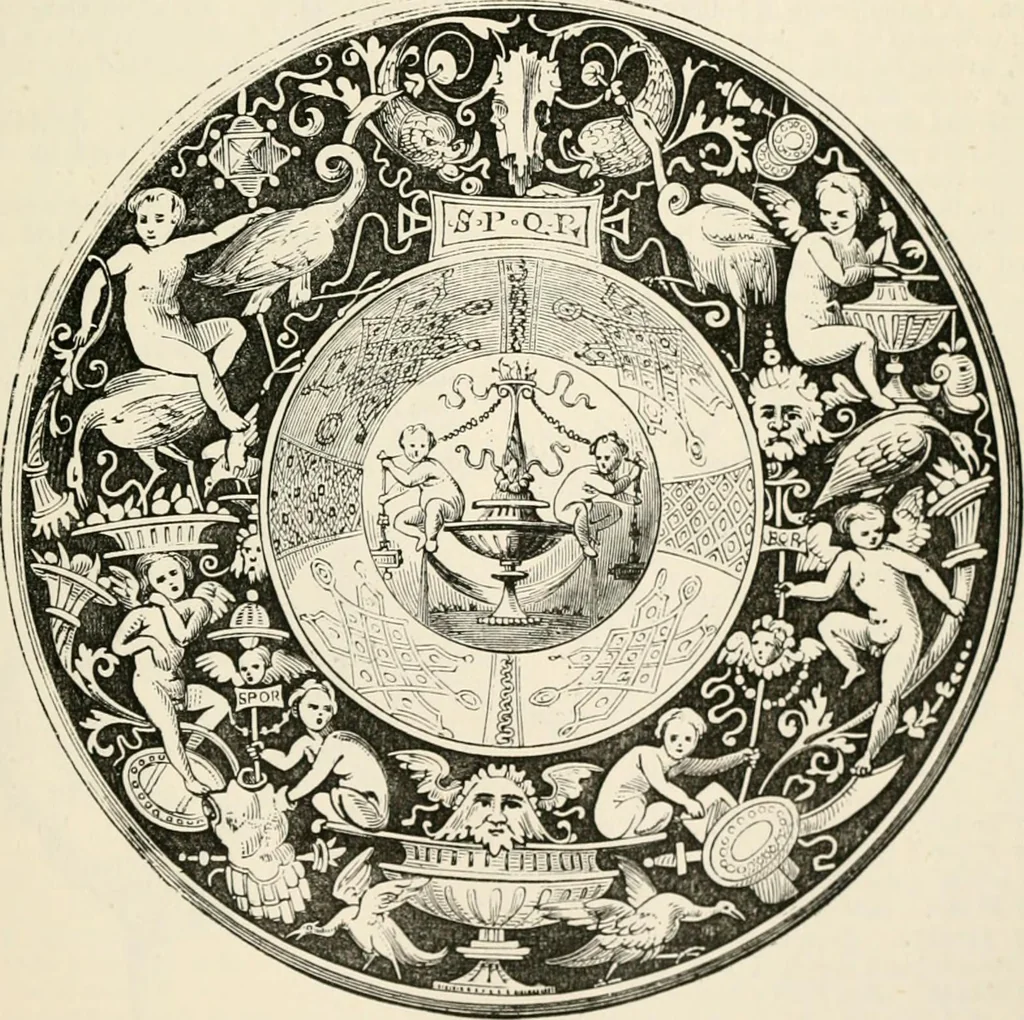 An illustration from An illustrated dictionary of words used in art and archaeology. Explaining terms frequently used in works on architecture, arms, bronzes, Christian art, colour, costume, decoration, devices, emblems, heraldry, lace, personal ornaments, pottery, painting, sculpture, &c, with their derivations, 1883, leaf 150