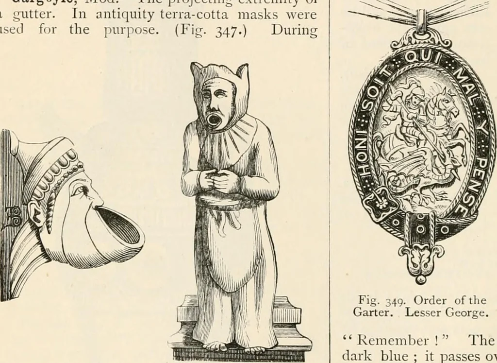 An illustration from An illustrated dictionary of words used in art and archaeology. Explaining terms frequently used in works on architecture, arms, bronzes, Christian art, colour, costume, decoration, devices, emblems, heraldry, lace, personal ornaments, pottery, painting, sculpture, &c, with their derivations, 1883, leaf 169