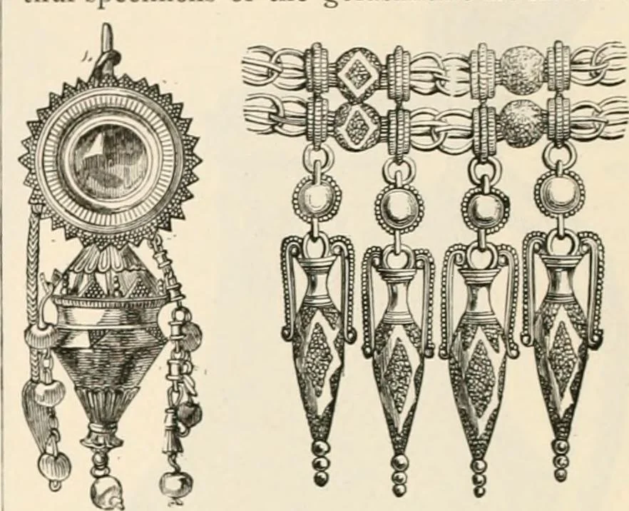 An illustration from An illustrated dictionary of words used in art and archaeology. Explaining terms frequently used in works on architecture, arms, bronzes, Christian art, colour, costume, decoration, devices, emblems, heraldry, lace, personal ornaments, pottery, painting, sculpture, &c, with their derivations, 1883, leaf 175