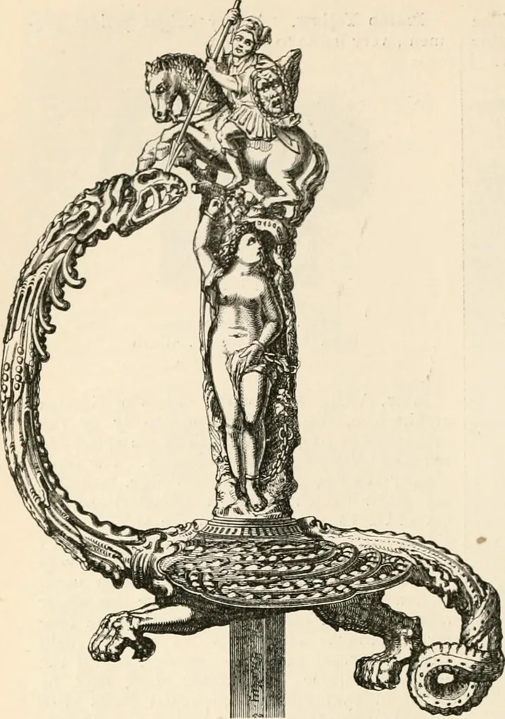 An illustration from An illustrated dictionary of words used in art and archaeology. Explaining terms frequently used in works on architecture, arms, bronzes, Christian art, colour, costume, decoration, devices, emblems, heraldry, lace, personal ornaments, pottery, painting, sculpture, &c, with their derivations, 1883, leaf 197