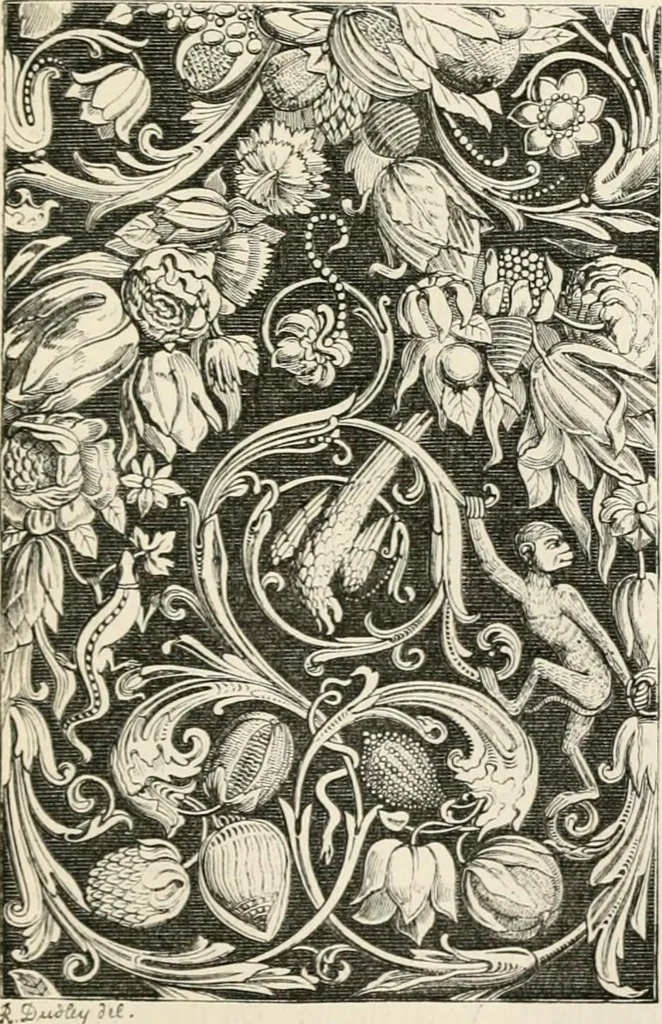 An illustration from An illustrated dictionary of words used in art and archaeology. Explaining terms frequently used in works on architecture, arms, bronzes, Christian art, colour, costume, decoration, devices, emblems, heraldry, lace, personal ornaments, pottery, painting, sculpture, &c, with their derivations, 1883, leaf 208