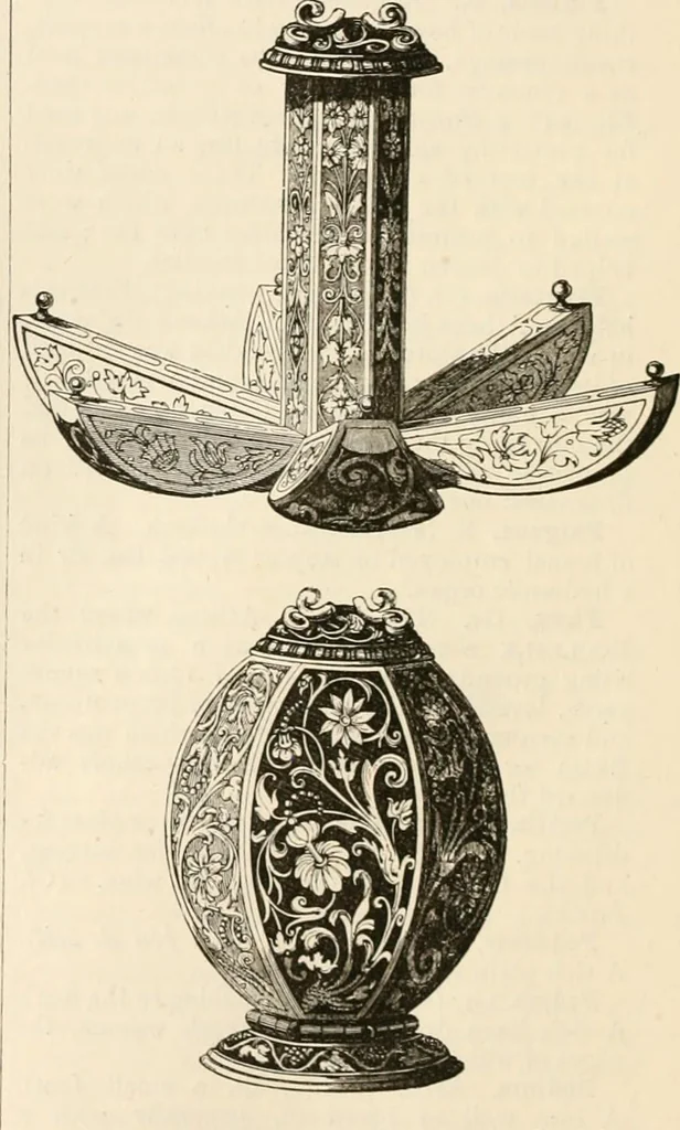 An illustration from An illustrated dictionary of words used in art and archaeology. Explaining terms frequently used in works on architecture, arms, bronzes, Christian art, colour, costume, decoration, devices, emblems, heraldry, lace, personal ornaments, pottery, painting, sculpture, &c, with their derivations, 1883, leaf 277