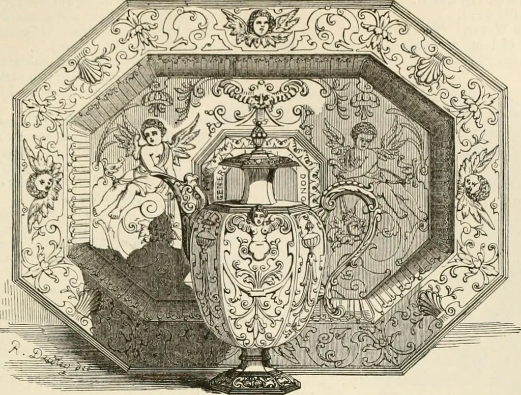 An illustration from An illustrated dictionary of words used in art and archaeology. Explaining terms frequently used in works on architecture, arms, bronzes, Christian art, colour, costume, decoration, devices, emblems, heraldry, lace, personal ornaments, pottery, painting, sculpture, &c, with their derivations, 1883, leaf 314