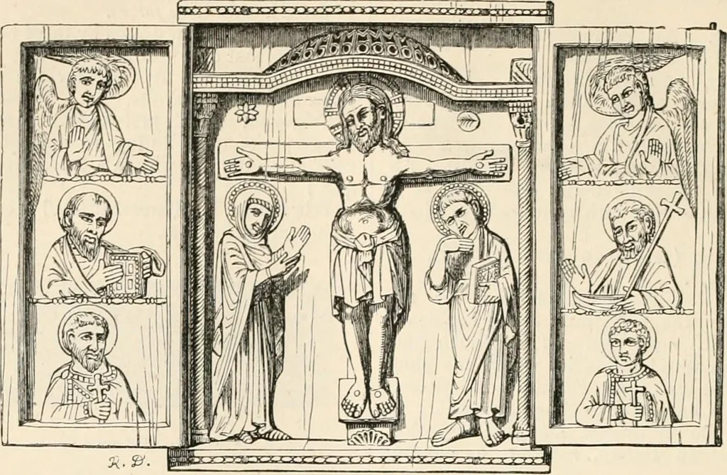 An illustration from An illustrated dictionary of words used in art and archaeology. Explaining terms frequently used in works on architecture, arms, bronzes, Christian art, colour, costume, decoration, devices, emblems, heraldry, lace, personal ornaments, pottery, painting, sculpture, &c, with their derivations, 1883, leaf 343