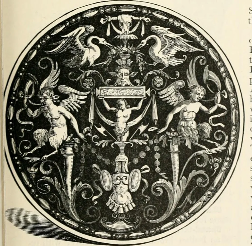 An illustration from An illustrated dictionary of words used in art and archaeology. Explaining terms frequently used in works on architecture, arms, bronzes, Christian art, colour, costume, decoration, devices, emblems, heraldry, lace, personal ornaments, pottery, painting, sculpture, &c, with their derivations, 1883, leaf 80