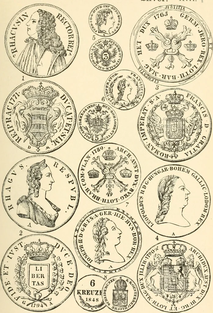 An illustration from Illustrated encyclopaedia of gold and silver coins of the world; illustrating the modern, ancient, current and curious, from A.D. 1885 back to B.C. 700, 1886, leaf 90