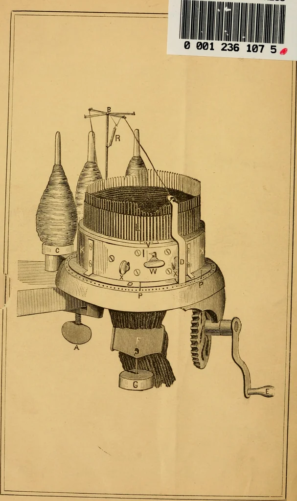 An illustration from Illustrated instructions for setting up and running the Bickford family knitting machine, also for making the different articles thereon .., 1871, leaf 43