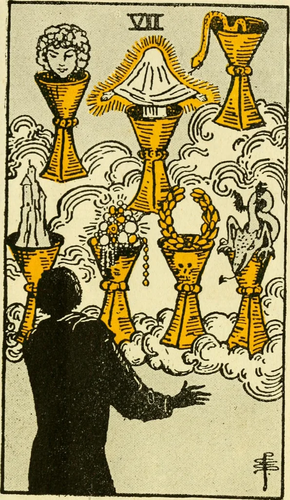 An illustration from The illustrated key to the tarot, the veil of divination, illustrating the greater and lesser arcana, embracing: The veil and its symbols. Secret tradition under the veil of divination. Art of tarot divination. Outer method of the oracles. The tarot in history. Inner symbolism. The greater keys, 1918, leaf 114