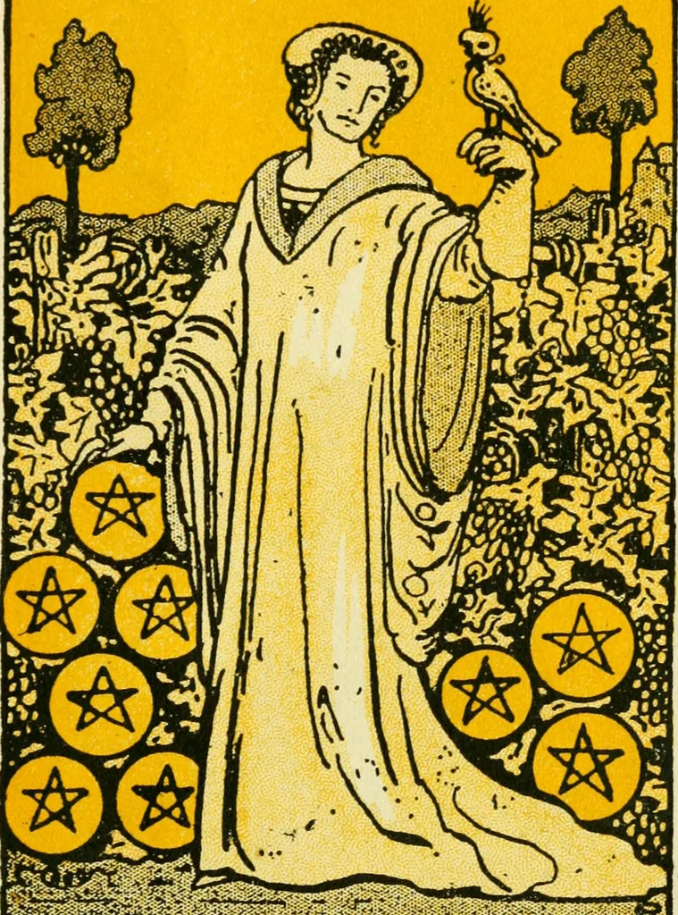 An illustration from The illustrated key to the tarot, the veil of divination, illustrating the greater and lesser arcana, embracing: The veil and its symbols. Secret tradition under the veil of divination. Art of tarot divination. Outer method of the oracles. The tarot in history. Inner symbolism. The greater keys, 1918, leaf 140