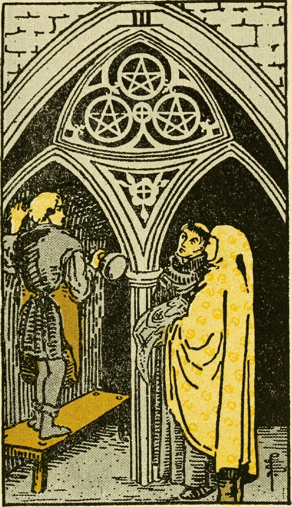 An illustration from The illustrated key to the tarot, the veil of divination, illustrating the greater and lesser arcana, embracing: The veil and its symbols. Secret tradition under the veil of divination. Art of tarot divination. Outer method of the oracles. The tarot in history. Inner symbolism. The greater keys, 1918, leaf 146