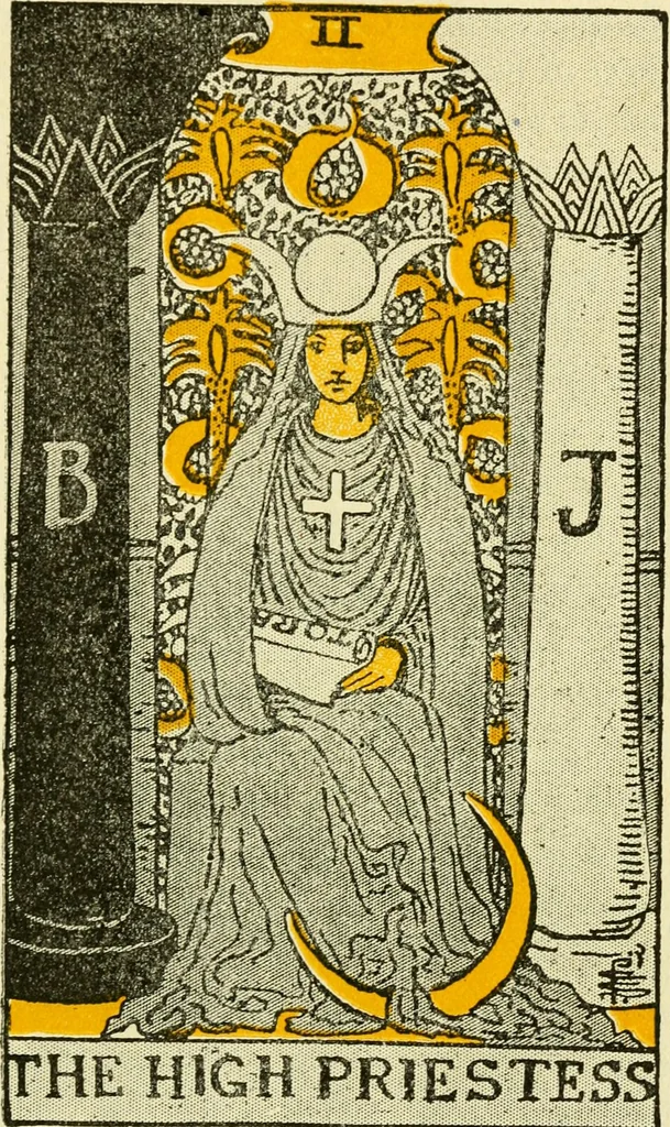 An illustration from The illustrated key to the tarot, the veil of divination, illustrating the greater and lesser arcana, embracing: The veil and its symbols. Secret tradition under the veil of divination. Art of tarot divination. Outer method of the oracles. The tarot in history. Inner symbolism. The greater keys, 1918, leaf 46