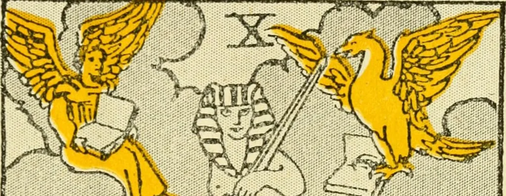 An illustration from The illustrated key to the tarot, the veil of divination, illustrating the greater and lesser arcana, embracing: The veil and its symbols. Secret tradition under the veil of divination. Art of tarot divination. Outer method of the oracles. The tarot in history. Inner symbolism. The greater keys, 1918, leaf 62