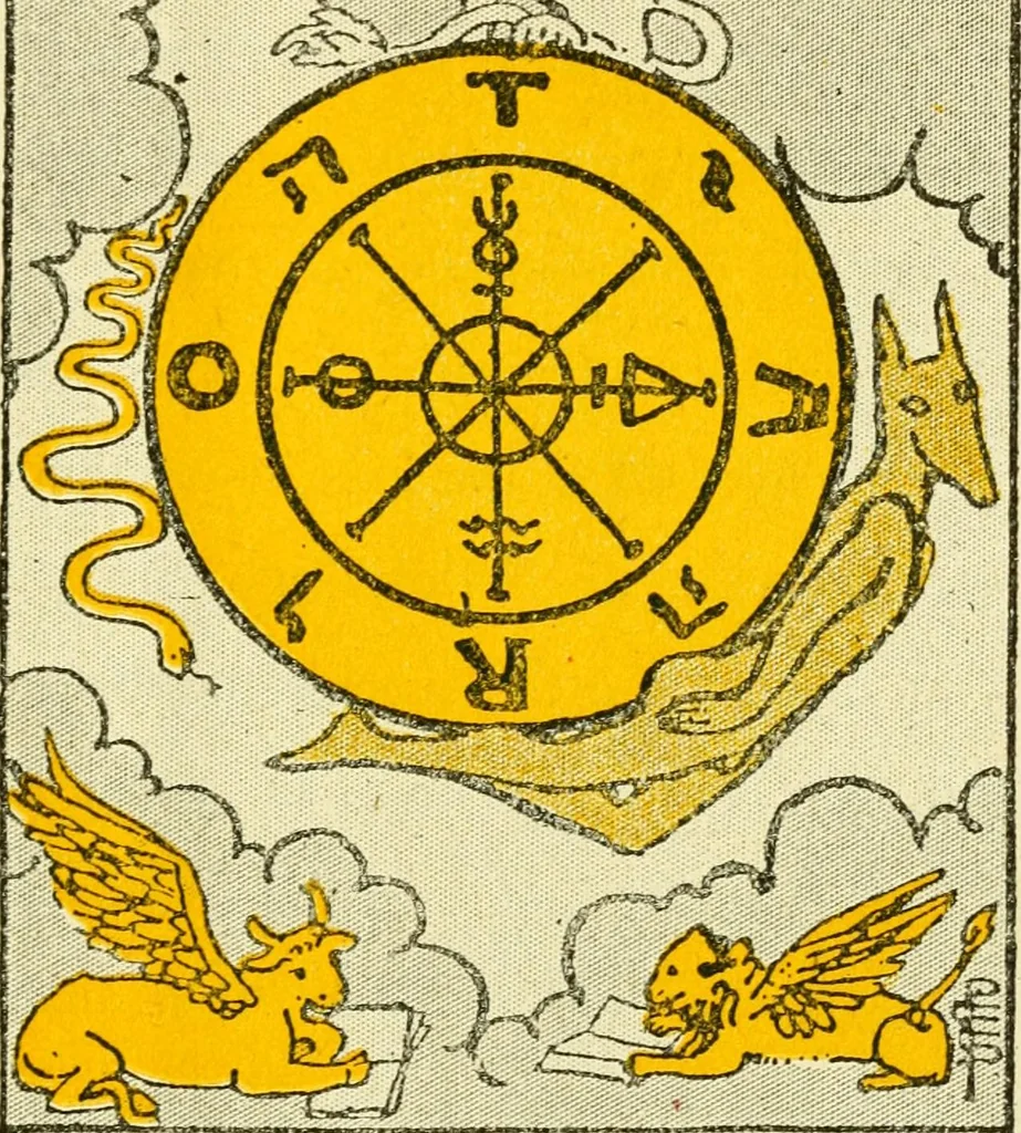 An illustration from The illustrated key to the tarot, the veil of divination, illustrating the greater and lesser arcana, embracing: The veil and its symbols. Secret tradition under the veil of divination. Art of tarot divination. Outer method of the oracles. The tarot in history. Inner symbolism. The greater keys, 1918, leaf 62